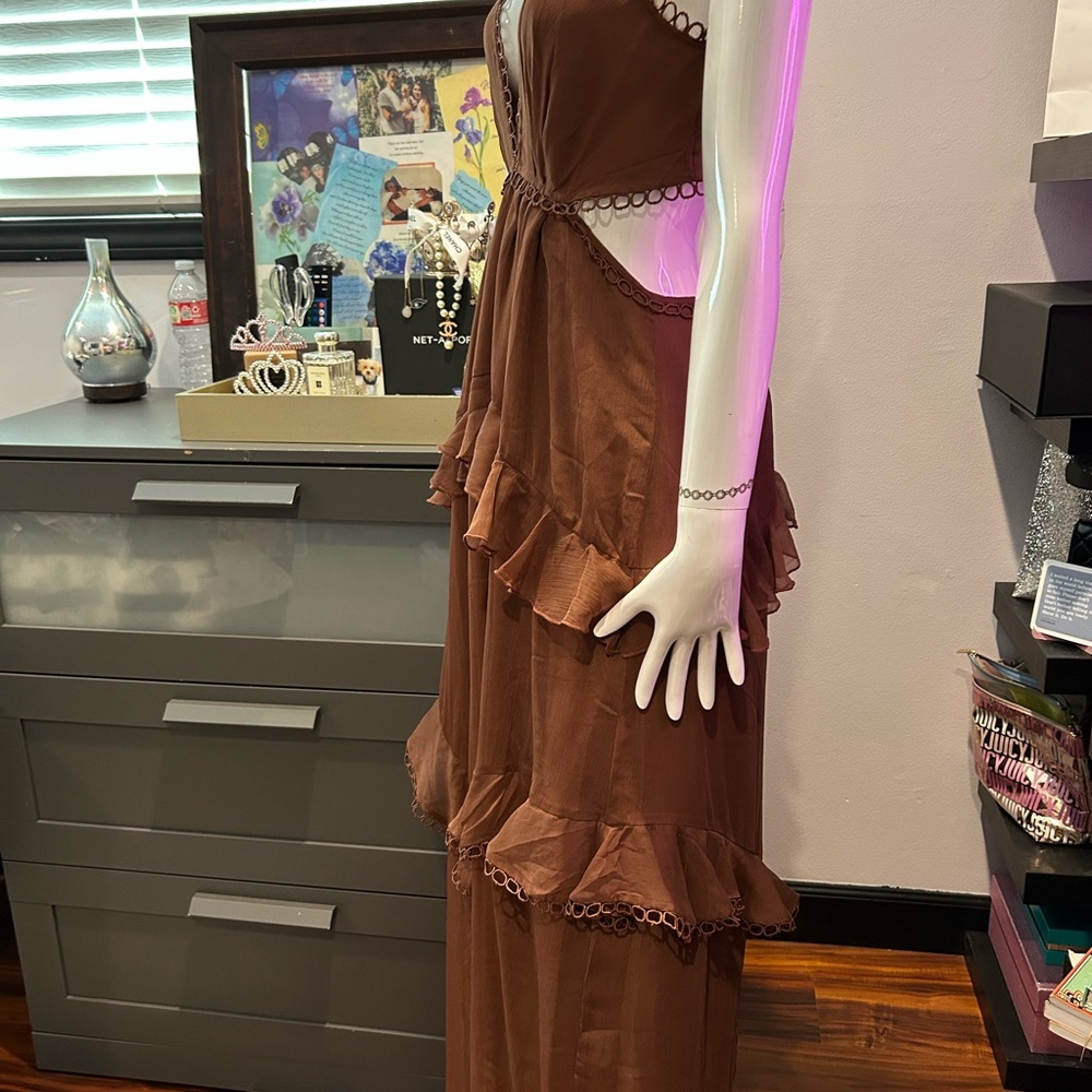 ASOS Brown Maxi Dress with Tiered Ruffles and Plunging Neckline - Picture 3 of 7